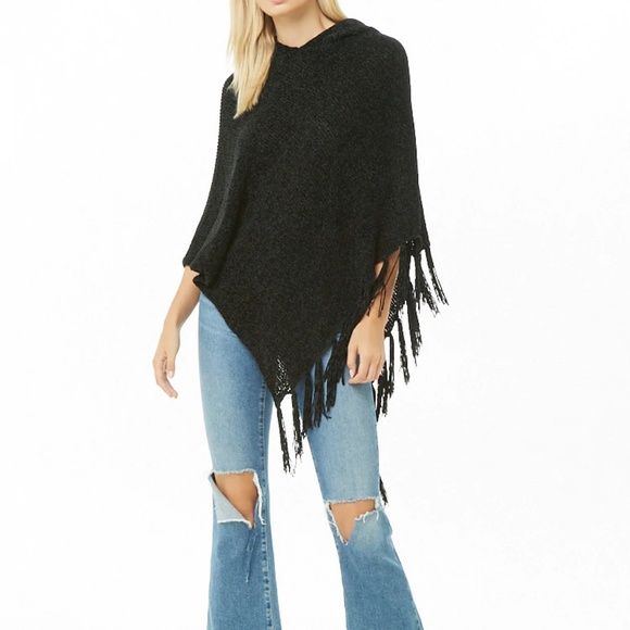 Sweaters - Hooded Chenille Fringe Trim Poncho One Size Black